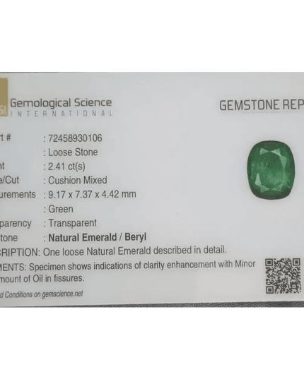 2.41ct Zambian Emerald GSI Certified - SMSGEMS 