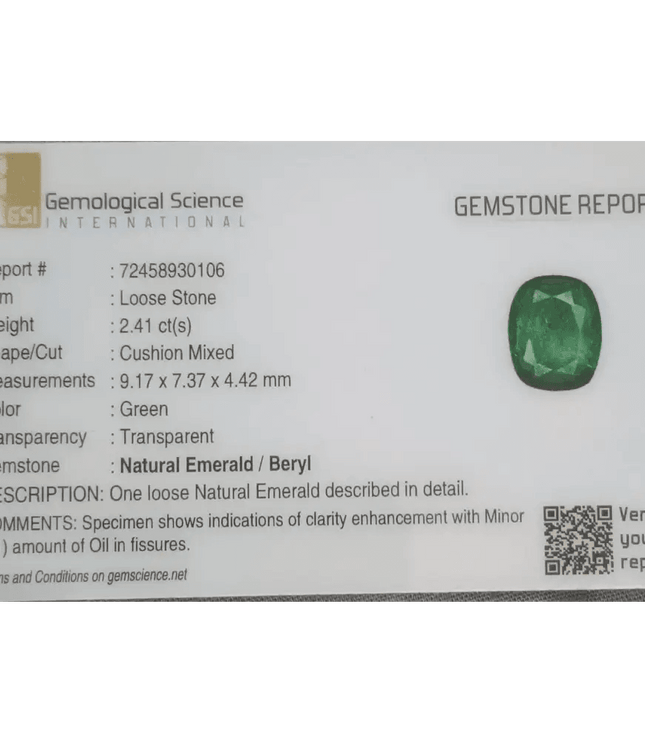 2.41ct Zambian Emerald GSI Certified - SMSGEMS 