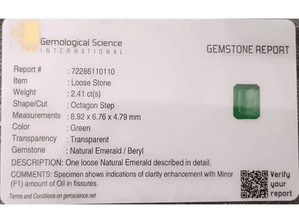 GSI Certified 2.41ct Velvet Green Zambian Emerald, 100% Natural Gemstone - SMSGEMS 
