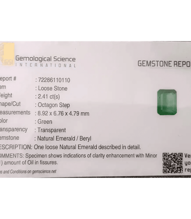 GSI Certified 2.41ct Velvet Green Zambian Emerald, 100% Natural Gemstone - SMSGEMS 