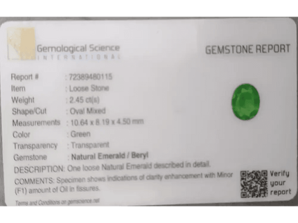 2.45ct Vivid Green Panjshir Emerald GSI Certified - SMSGEMS 
