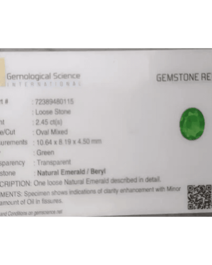 2.45ct Vivid Green Panjshir Emerald GSI Certified - SMSGEMS 