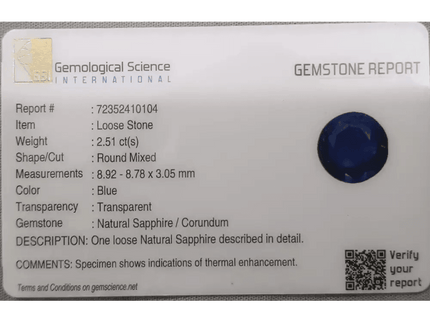 GSI Certified 2.51ct Royal Blue Ceylon Sapphire, Natural Earth Mined Gemstone - SMSGEMS 