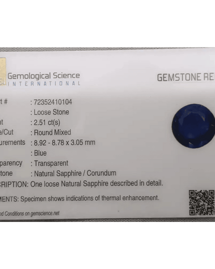 GSI Certified 2.51ct Royal Blue Ceylon Sapphire, Natural Earth Mined Gemstone - SMSGEMS 