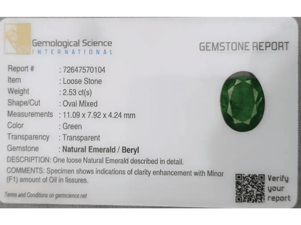 2.53ct Natural Deep Green Emerald GSI Certified - SMSGEMS 