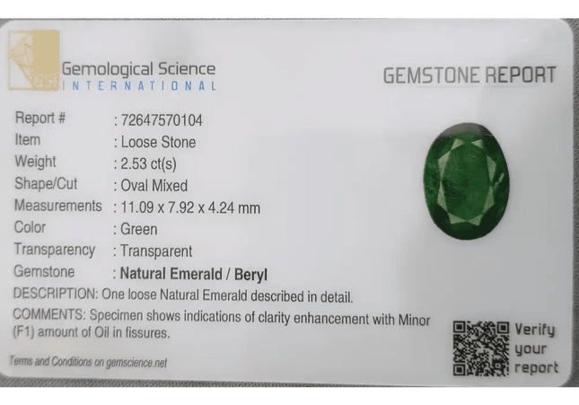 2.53ct Natural Deep Green Emerald GSI Certified - SMSGEMS 