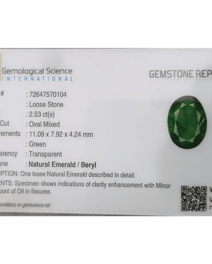 2.53ct Natural Deep Green Emerald GSI Certified - SMSGEMS 