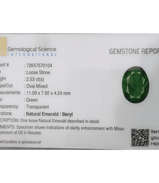 2.53ct Natural Deep Green Emerald GSI Certified - SMSGEMS 