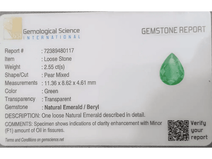 GSI Certified 2.55ct Medium Green Zambian Emerald, 100% Natural Earth Mined Gemstone - SMSGEMS 