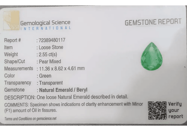 GSI Certified 2.55ct Medium Green Zambian Emerald, 100% Natural Earth Mined Gemstone - SMSGEMS 