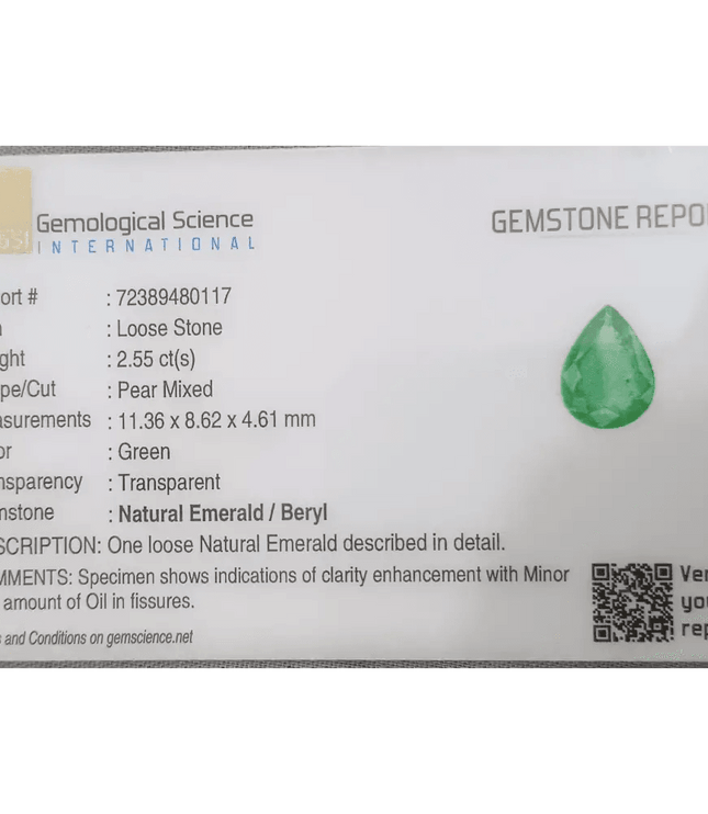 GSI Certified 2.55ct Medium Green Zambian Emerald, 100% Natural Earth Mined Gemstone - SMSGEMS 