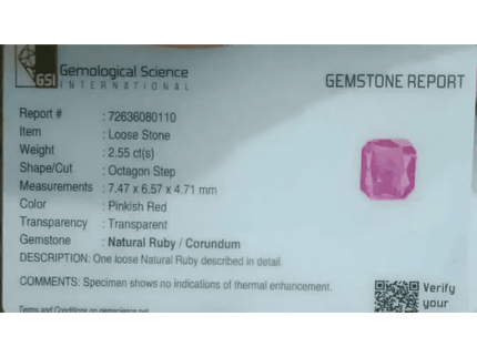2.55ct Natural Pinkish Red Ruby GSI Certified - SMSGEMS 