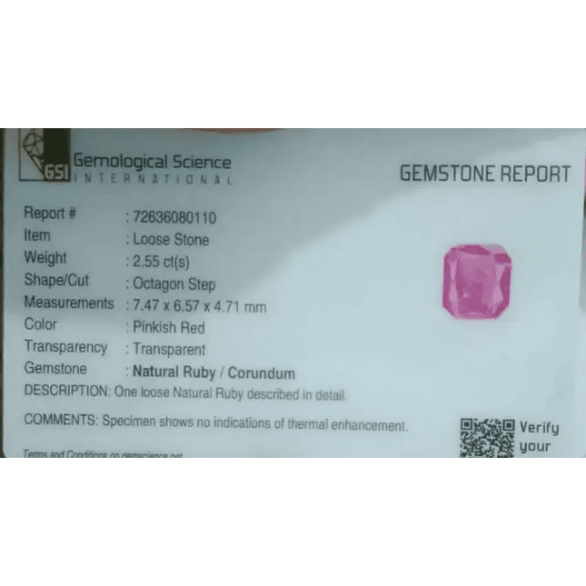 2.55ct Natural Pinkish Red Ruby GSI Certified - SMSGEMS 