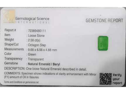 GSI Certified 2.58ct Vivid Green Zambian Emerald, 100% Natural Gemstone - SMSGEMS 