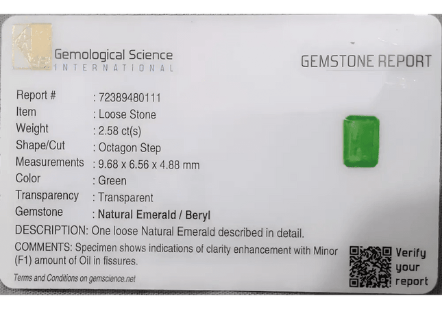 GSI Certified 2.58ct Vivid Green Zambian Emerald, 100% Natural Gemstone - SMSGEMS 