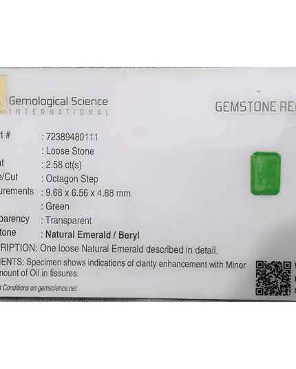 GSI Certified 2.58ct Vivid Green Zambian Emerald, 100% Natural Gemstone - SMSGEMS 