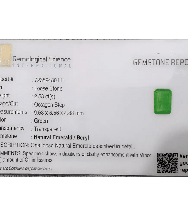 GSI Certified 2.58ct Vivid Green Zambian Emerald, 100% Natural Gemstone - SMSGEMS 