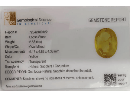 GSI Certified 2.58ct Yellow Ceylon Sapphire, Natural Untreated Gemstone - SMSGEMS 