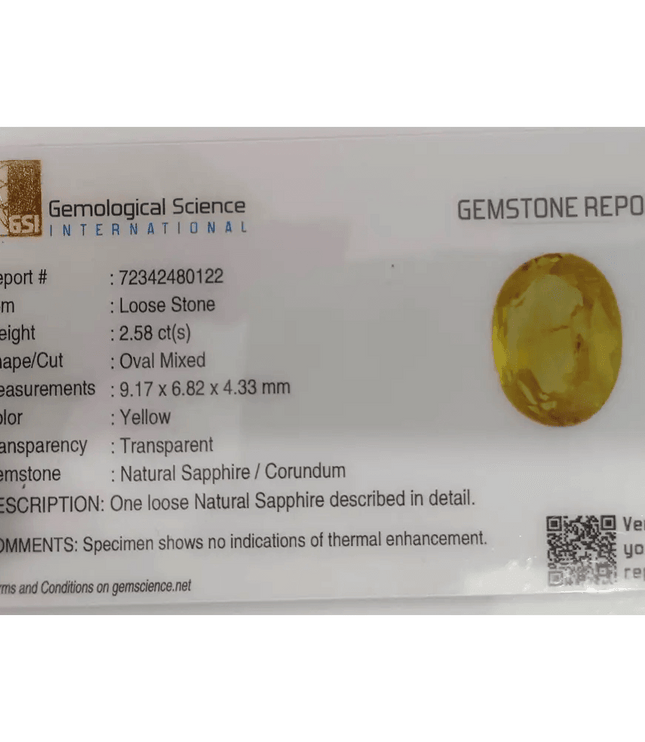 GSI Certified 2.58ct Yellow Ceylon Sapphire, Natural Untreated Gemstone - SMSGEMS 