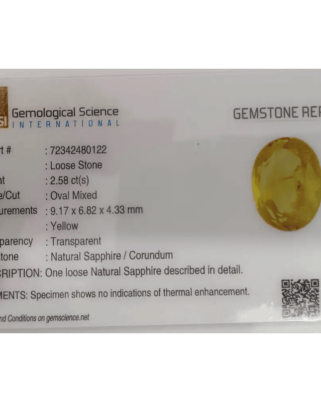 GSI Certified 2.58ct Yellow Ceylon Sapphire, Natural Untreated Gemstone - SMSGEMS 