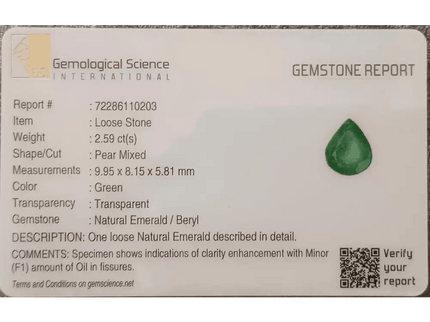 GSI Certified 2.59ct Zambia Emerald , 100% Natural Earth Mined Gemstone - SMSGEMS 