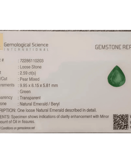 GSI Certified 2.59ct Zambia Emerald , 100% Natural Earth Mined Gemstone - SMSGEMS 