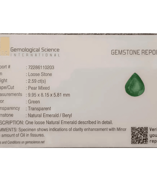 GSI Certified 2.59ct Zambia Emerald , 100% Natural Earth Mined Gemstone - SMSGEMS 