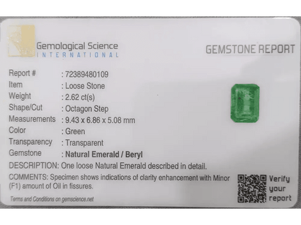 GSI Certified 2.62ct Medium Green Zambian Emerald - SMSGEMS 