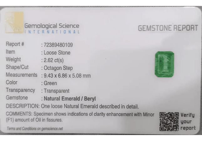 GSI Certified 2.62ct Medium Green Zambian Emerald - SMSGEMS 