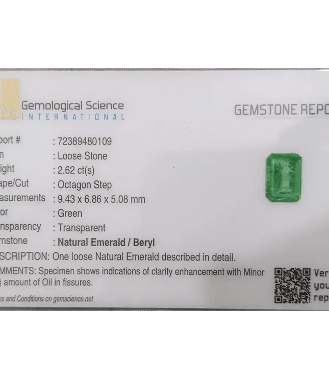 GSI Certified 2.62ct Medium Green Zambian Emerald - SMSGEMS 