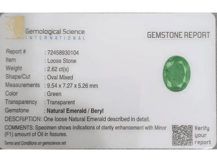 2.62ct Vivid Green Zambian emerald GSI Certified - SMSGEMS 