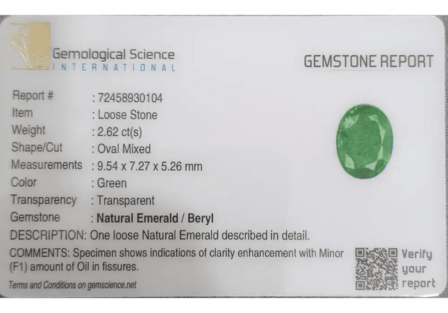 2.62ct Vivid Green Zambian emerald GSI Certified - SMSGEMS 
