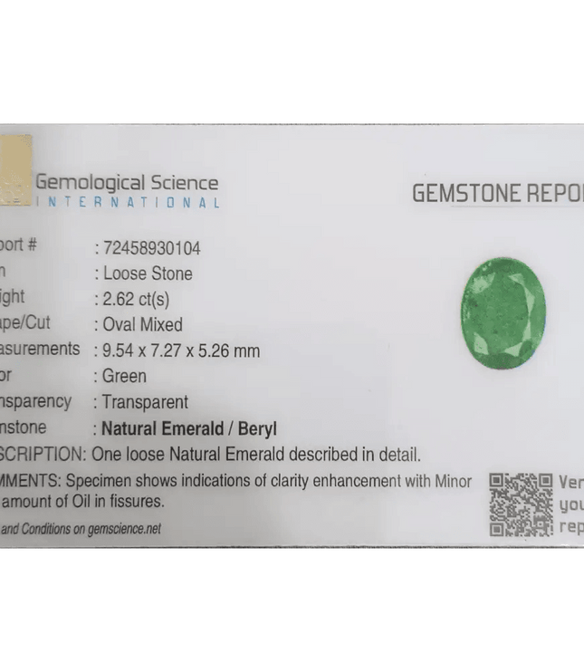 2.62ct Vivid Green Zambian emerald GSI Certified - SMSGEMS 
