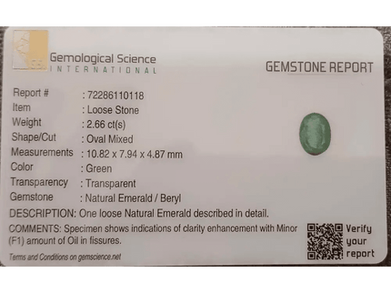 GSI Certified 2.66ct Zambian Emerald , 100% Natural Earth Mined Gemstone - SMSGEMS 