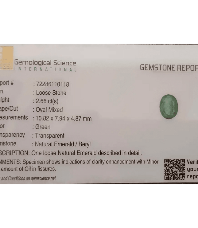 GSI Certified 2.66ct Zambian Emerald , 100% Natural Earth Mined Gemstone - SMSGEMS 