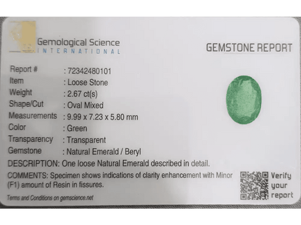 GSI Certified 2.67ct Zambian Emerald, 100% Natural Gemstone - SMSGEMS 