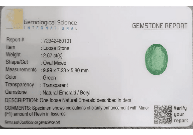 GSI Certified 2.67ct Zambian Emerald, 100% Natural Gemstone - SMSGEMS 