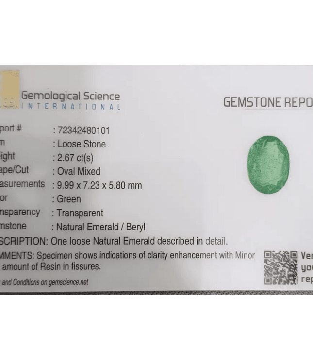 GSI Certified 2.67ct Zambian Emerald, 100% Natural Gemstone - SMSGEMS 