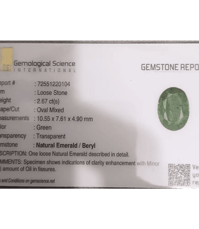 GSI Certified 2.67ct Vivid Green Zambian Emerald Natural Earth Mined Gemstone - SMSGEMS 