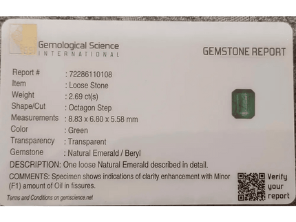 GSI Certified 2.69ct Zambian Emerald, 100% Natural Earth Mined Gemstone - SMSGEMS 