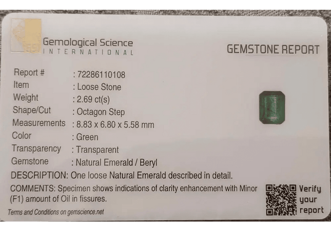 GSI Certified 2.69ct Zambian Emerald, 100% Natural Earth Mined Gemstone - SMSGEMS 