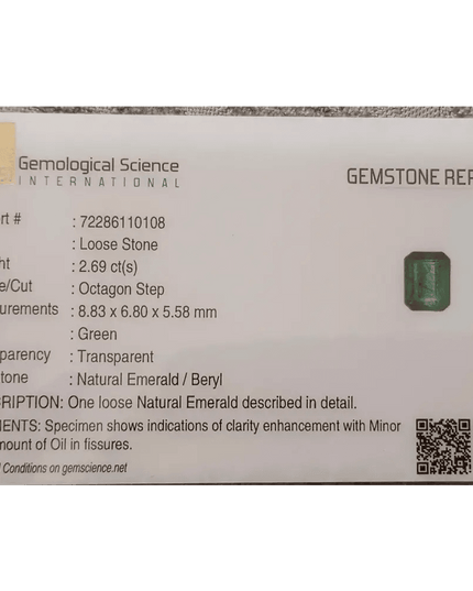 GSI Certified 2.69ct Zambian Emerald, 100% Natural Earth Mined Gemstone - SMSGEMS 