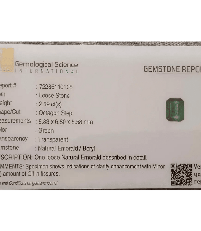 GSI Certified 2.69ct Zambian Emerald, 100% Natural Earth Mined Gemstone - SMSGEMS 