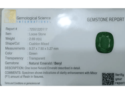 GSI Certified 2.69ct Spring Green Emerald Natural Earth Mined Gemstone - SMSGEMS 