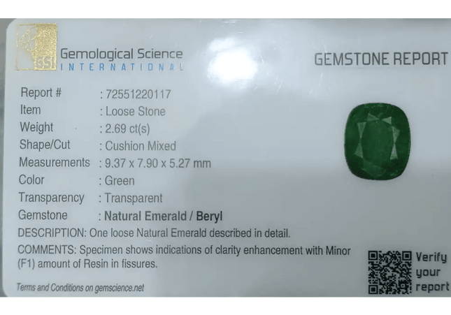 GSI Certified 2.69ct Spring Green Emerald Natural Earth Mined Gemstone - SMSGEMS 