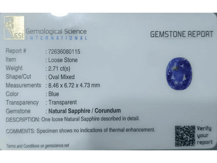 2.71ct Royal Blue Untreated Sapphire Burma Certified by GSI - SMSGEMS 