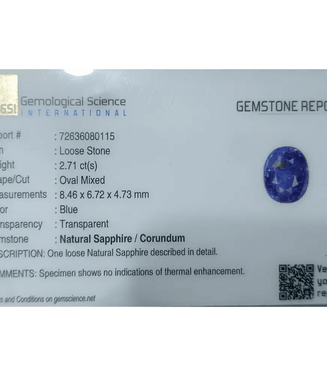2.71ct Royal Blue Untreated Sapphire Burma Certified by GSI - SMSGEMS 