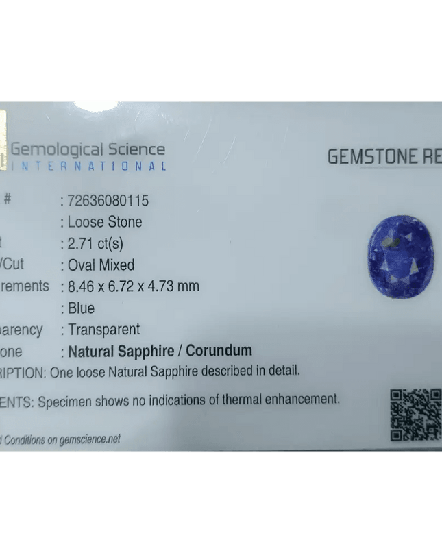 2.71ct Royal Blue Untreated Sapphire Burma Certified by GSI - SMSGEMS 