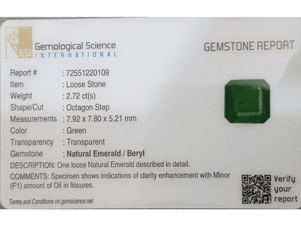 2.72ct Deep Zambian Emerald certified by GSI - SMSGEMS 