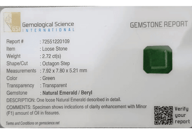 2.72ct Deep Zambian Emerald certified by GSI - SMSGEMS 